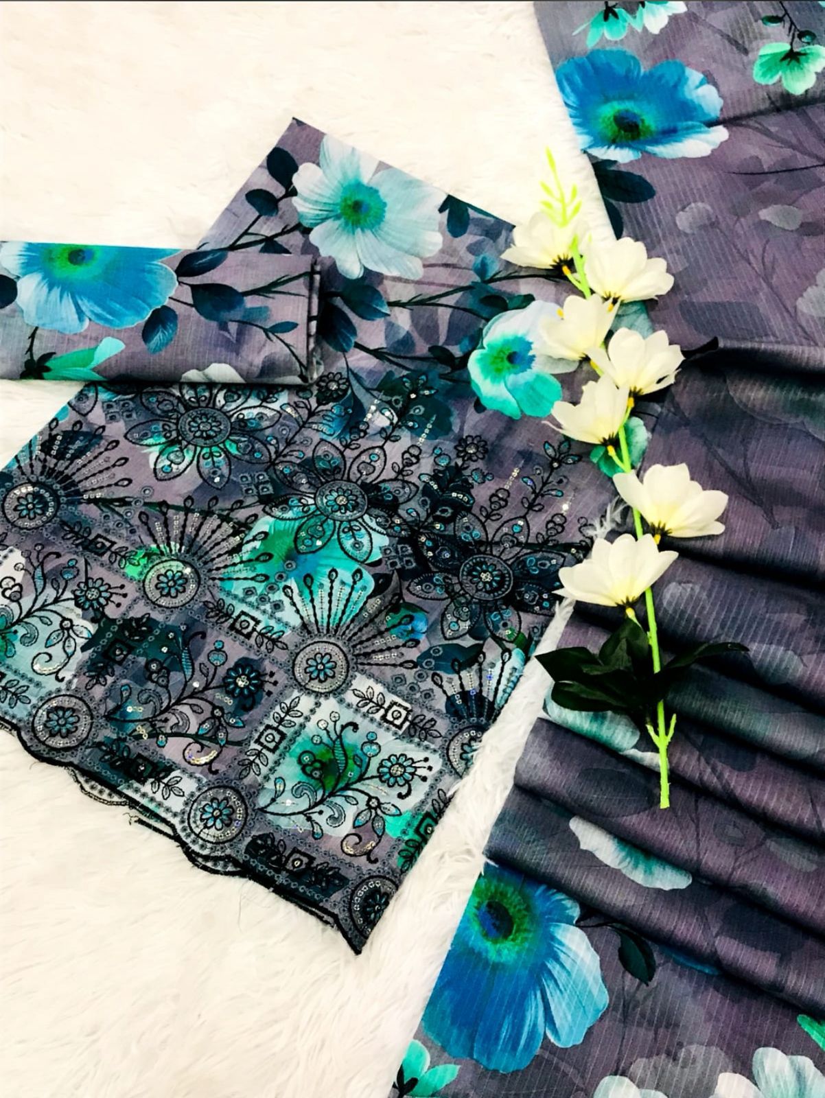 Chikankari with fancy daman 3pc lawn