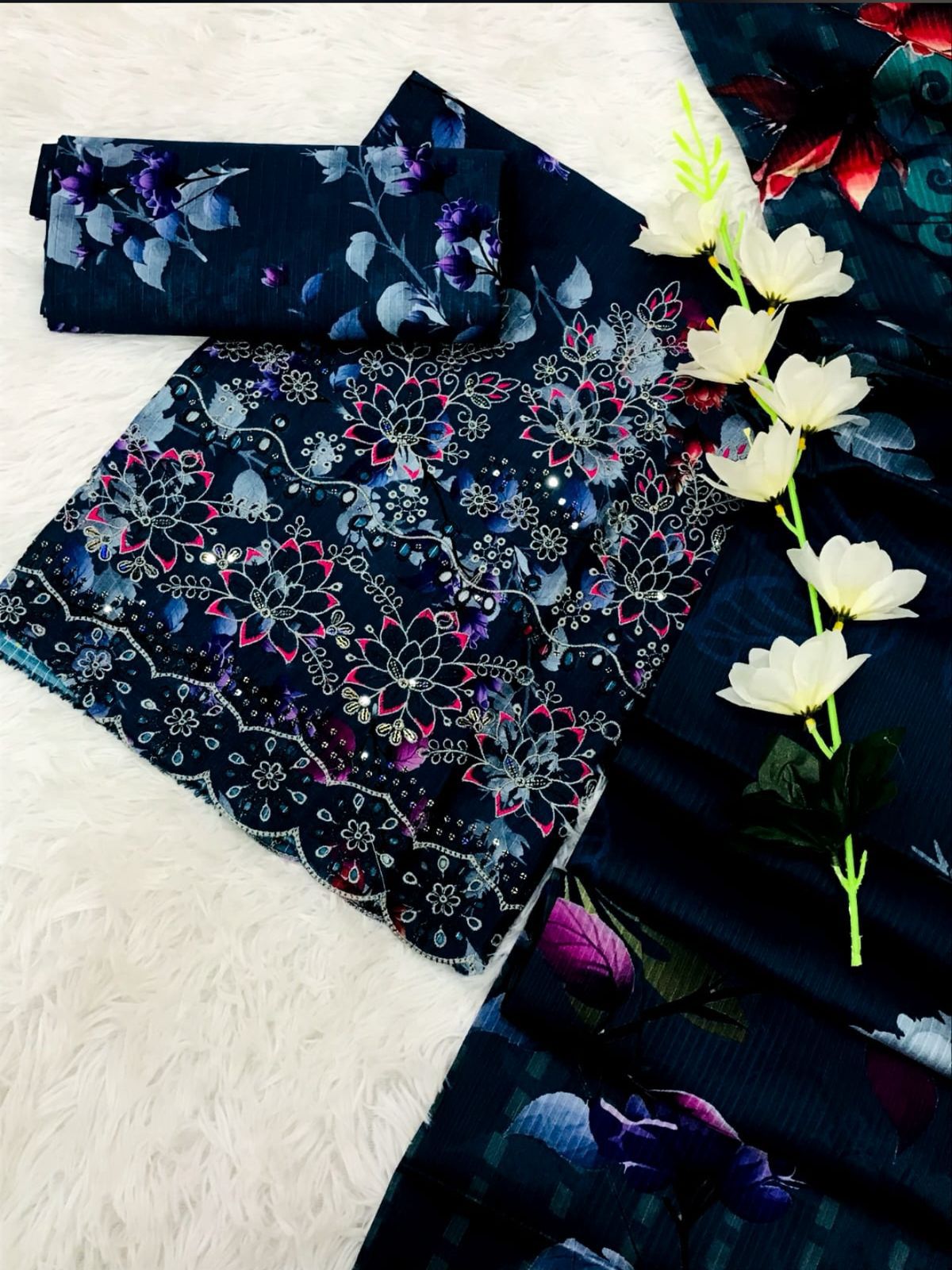 Chikankari with fancy daman 3pc lawn