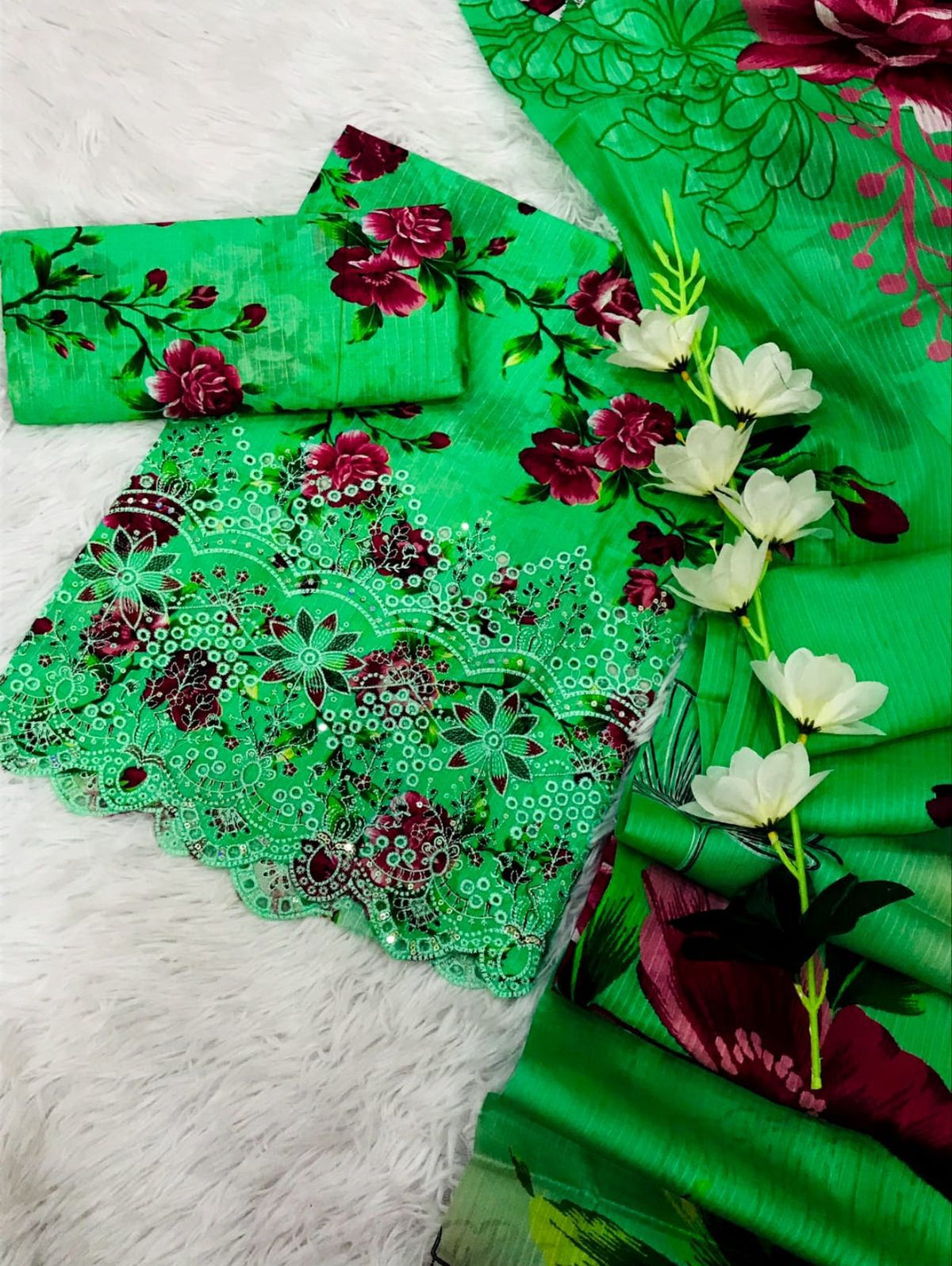 Chikankari with fancy daman 3pc Lawn